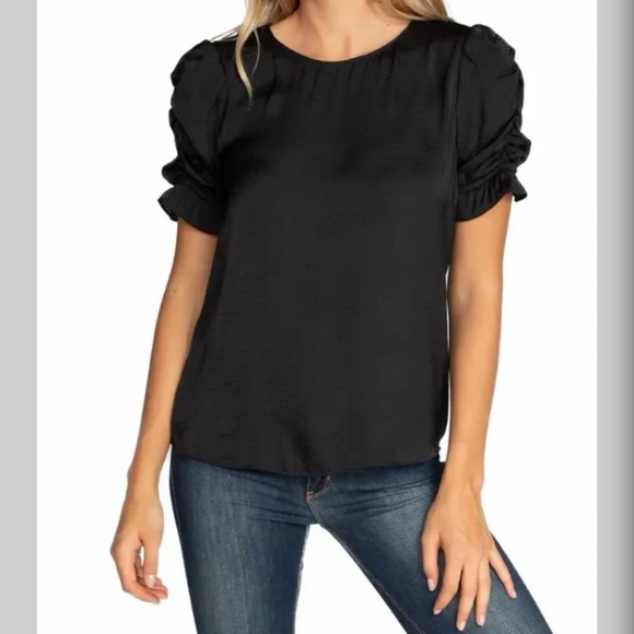 Naked Zebra Tops - Ruched Sleeve Black Top